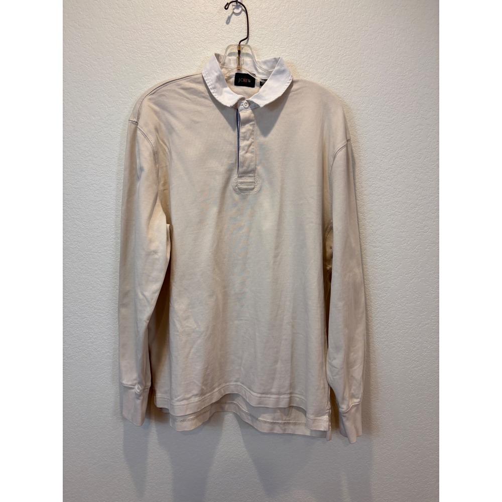 J.Crew Rugby Polo Mens‎ L Beige Waffle Knit Cotton Elbow Patches Preppy Sporty